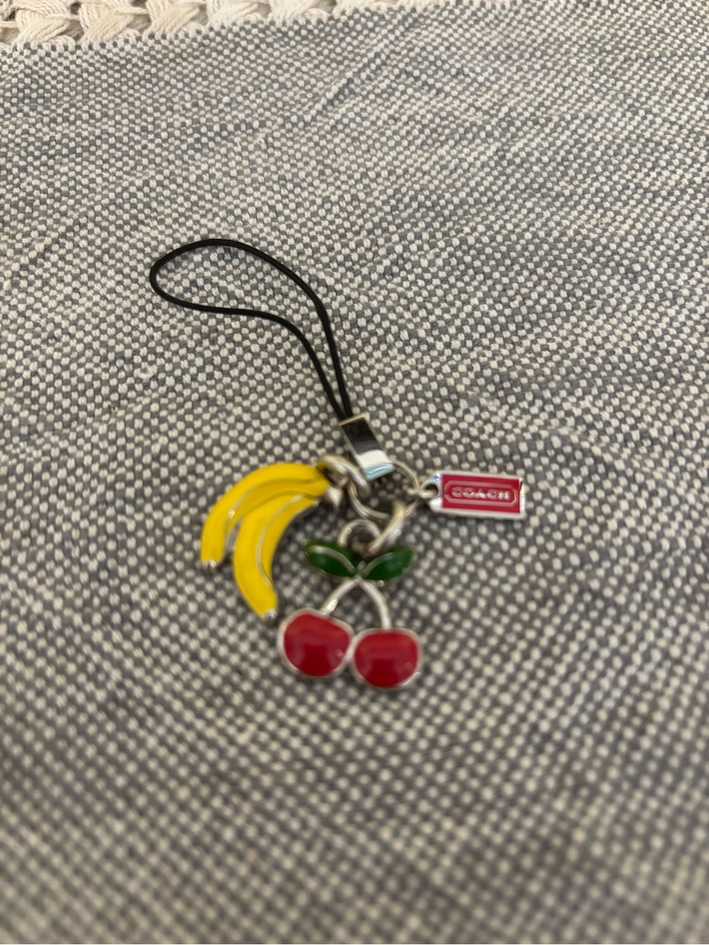 Coach Enamel Cherry & Bananas vintage Y2K phone Charm Silver Tone 3” Long